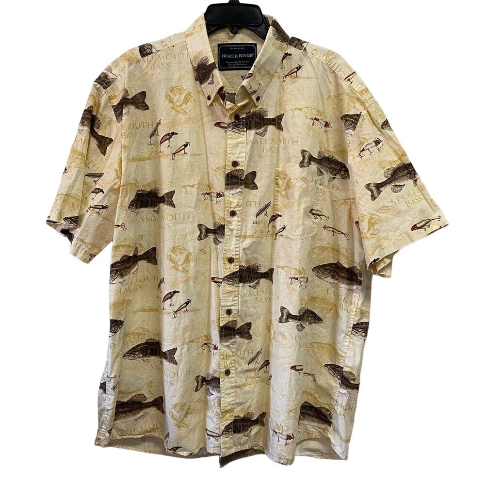 North River Mens XXL Button-Up Shirt Yellow Beige Fishing Fish Bass Short Sleeve